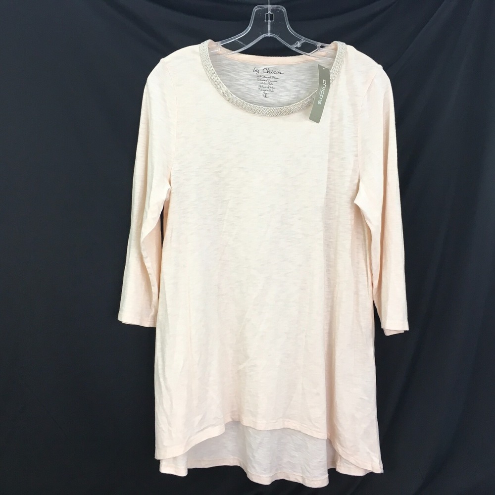 Chicos Womens‎ S Pink Tunic Top 3/4 Sleeve Gold Neck Trim Stretch